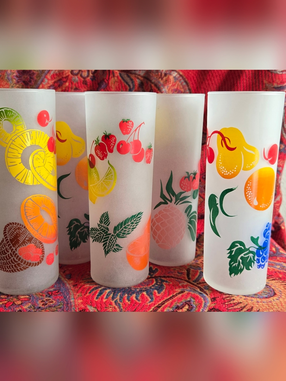 Six Vintage Tom Collins Tumblers Fruit Tiki Theme
